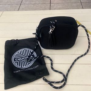 Chichester shoulder bag. Black , black & white strap & double zippers. NWT.